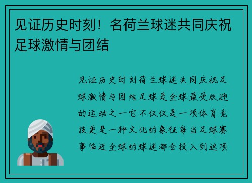 见证历史时刻！名荷兰球迷共同庆祝足球激情与团结