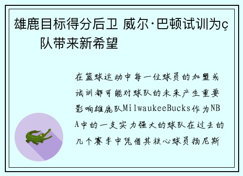 雄鹿目标得分后卫 威尔·巴顿试训为球队带来新希望