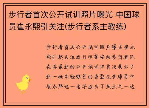 步行者首次公开试训照片曝光 中国球员崔永熙引关注(步行者系主教练)