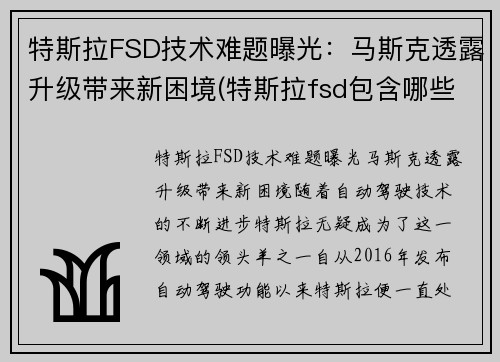 特斯拉FSD技术难题曝光：马斯克透露升级带来新困境(特斯拉fsd包含哪些功能)