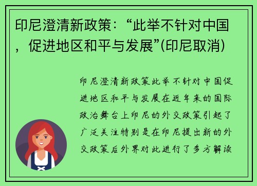 印尼澄清新政策：“此举不针对中国，促进地区和平与发展”(印尼取消)