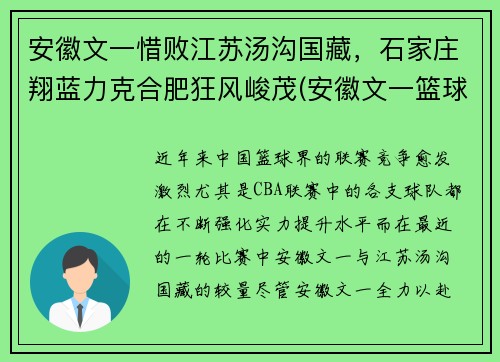 安徽文一惜败江苏汤沟国藏，石家庄翔蓝力克合肥狂风峻茂(安徽文一篮球俱乐部官网)