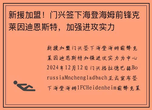 新援加盟！门兴签下海登海姆前锋克莱因迪恩斯特，加强进攻实力