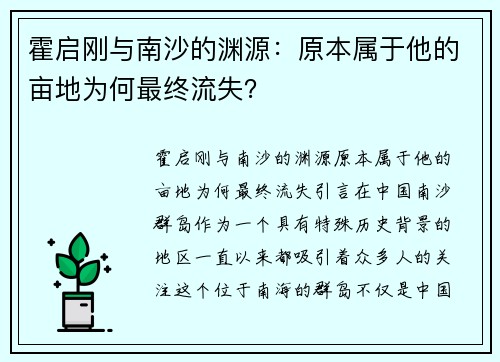 霍启刚与南沙的渊源：原本属于他的亩地为何最终流失？
